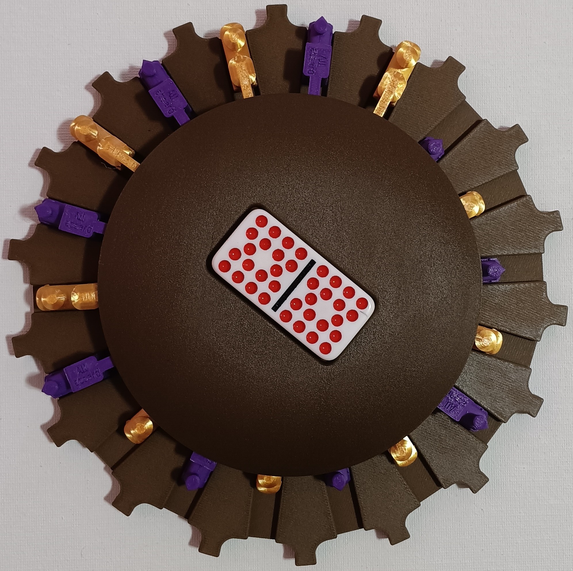 Purple & Gold Trains on Walnut Color Board 18 domino slots