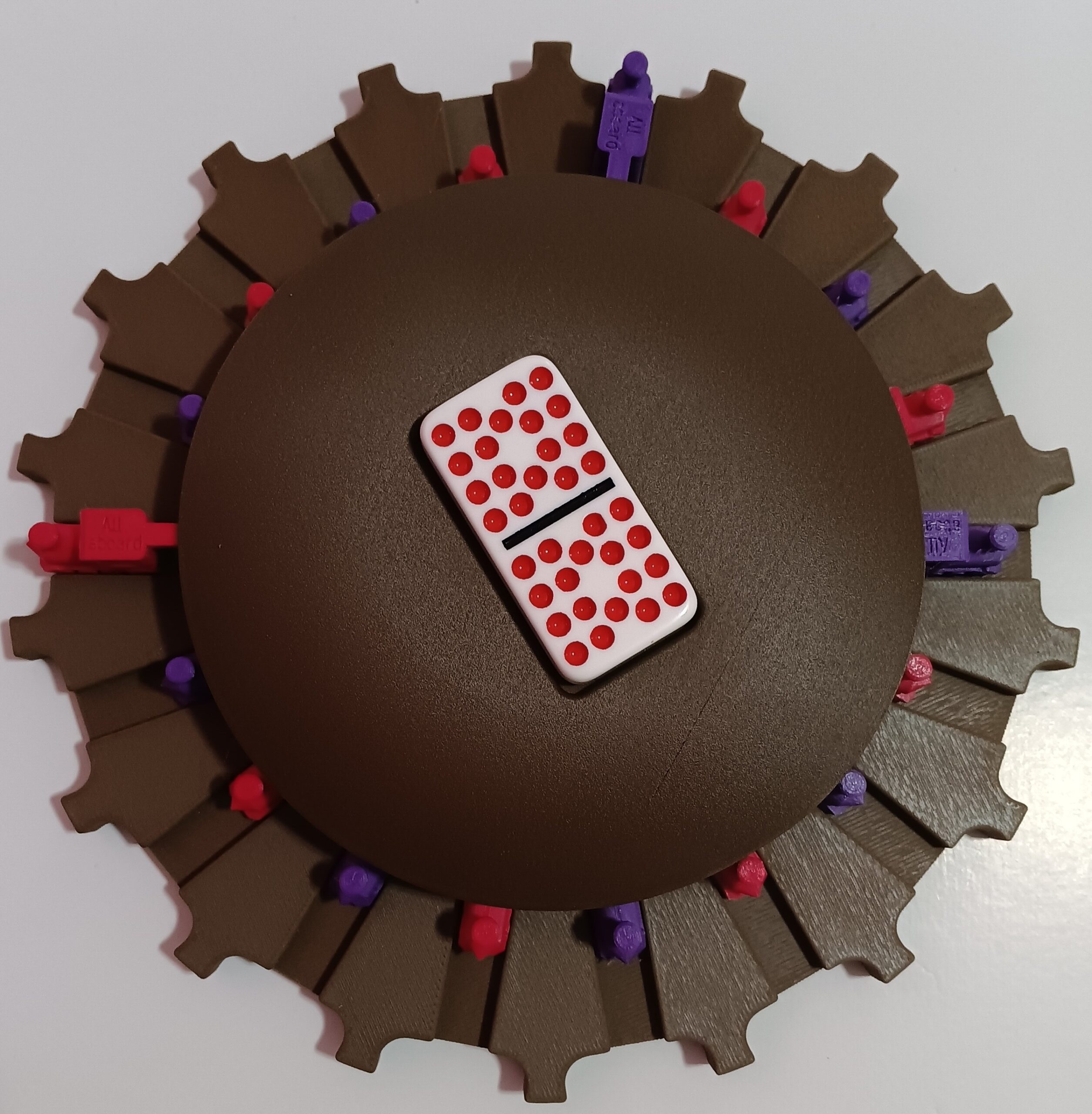 Purple & Raspberry Trains on Walnut Color Board 18 domino slots