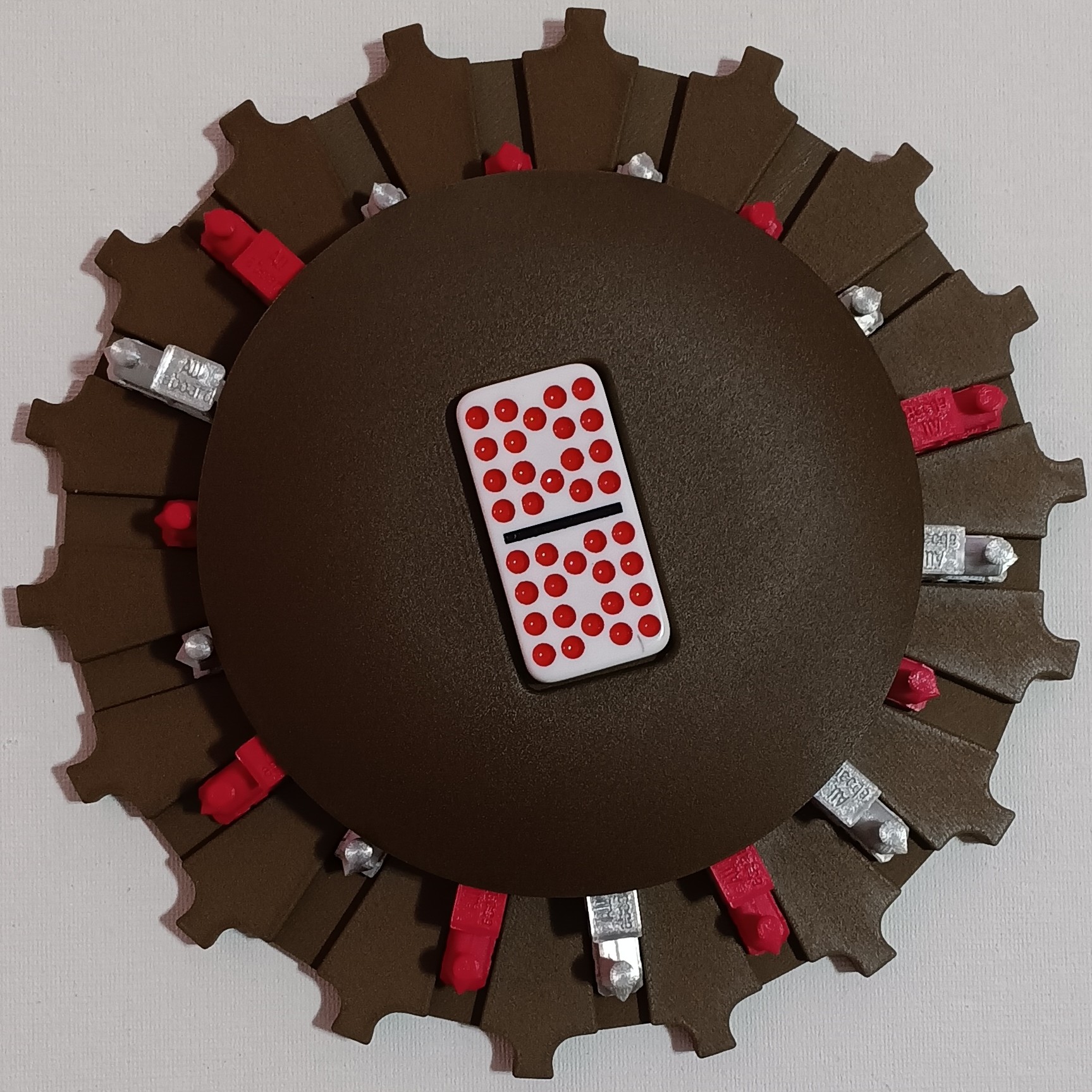 Silver & Raspberry Trains on Walnut Color Board 18 domino slots