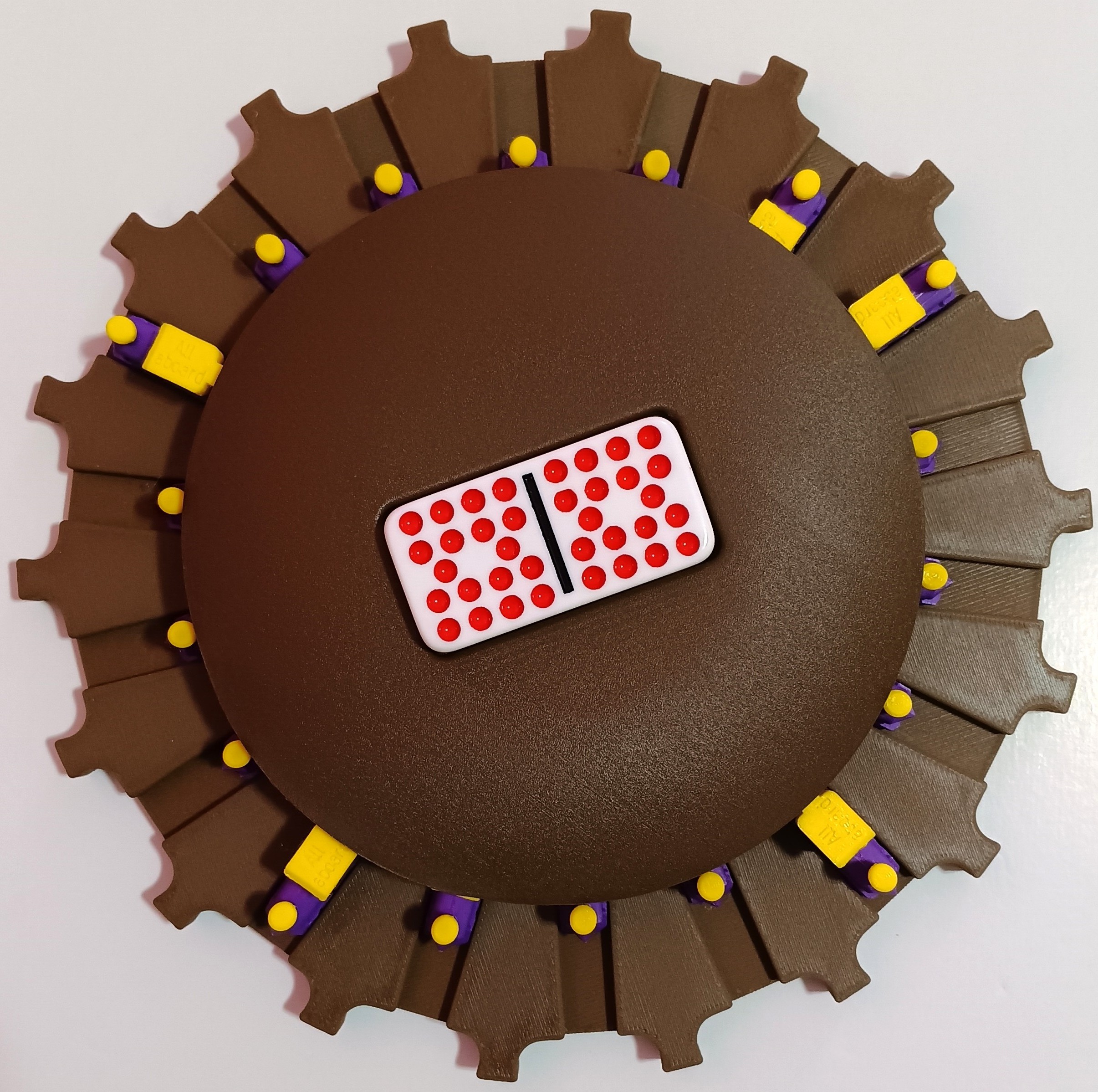 Purple/Yellow Trains on Walnut Color Board 18 domino slots